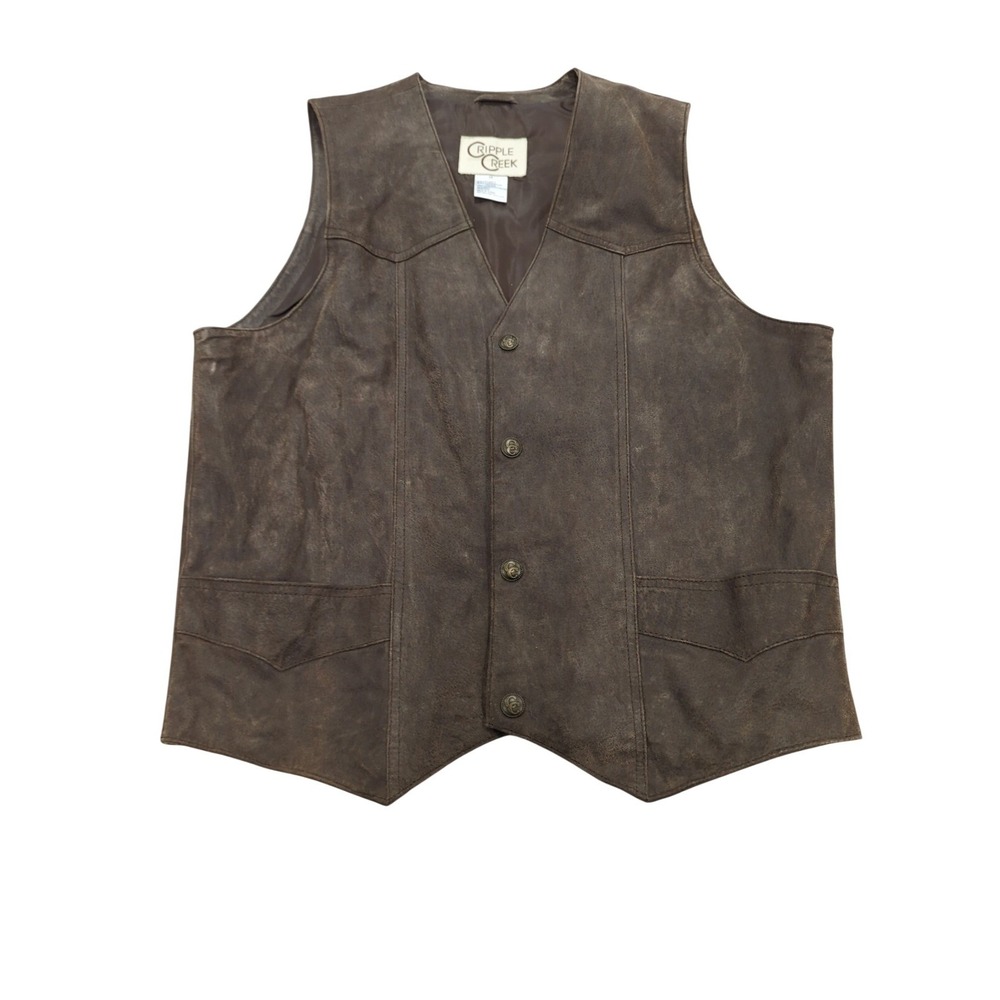Vtg Cripple Creek Leather Vest Mens M Brown Western Cowboy Rugged Biker Y2K 90s